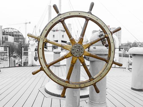 The Ship's Helm, Ship rudder, The Steering Wheel is Still Ready to Work, Vintage Wooden And Brass Ship's Steering Wheel Rudder